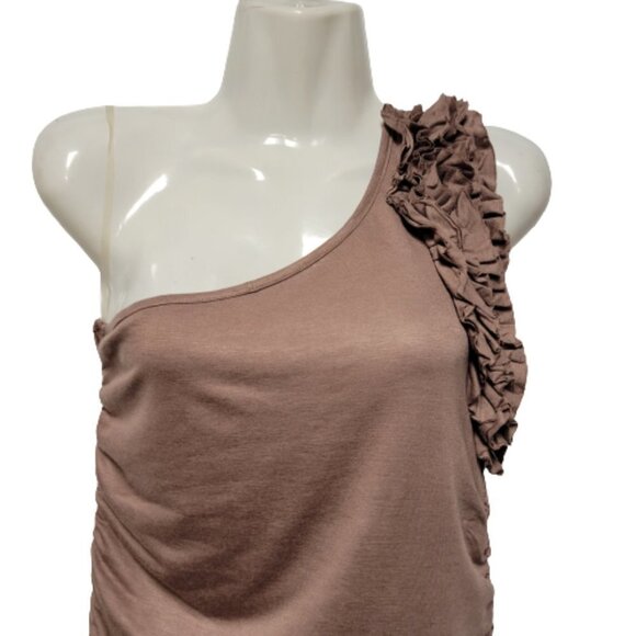 ONE Shoulder Body Con Brown Dress Mini Ruched Ruffle  Size L - Picture 3 of 8